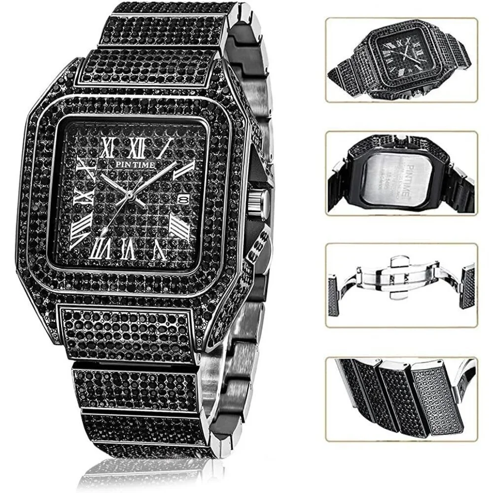 Men's Black Crystal Bling Rectangle Case Stainless Steel Quartz Analog Watch